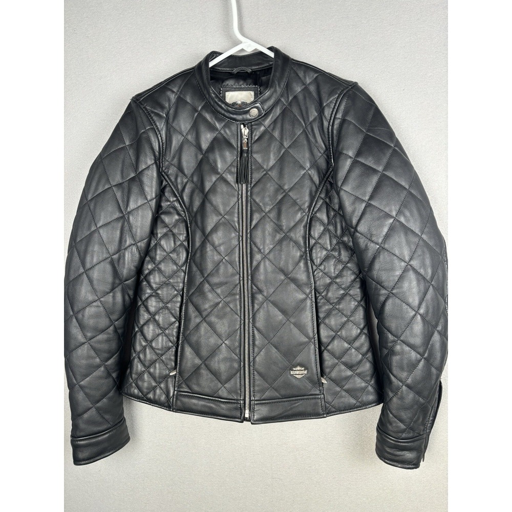Harley Davidson Jacket Womens Small Black Quilted Lambskin Leather Biker Zip